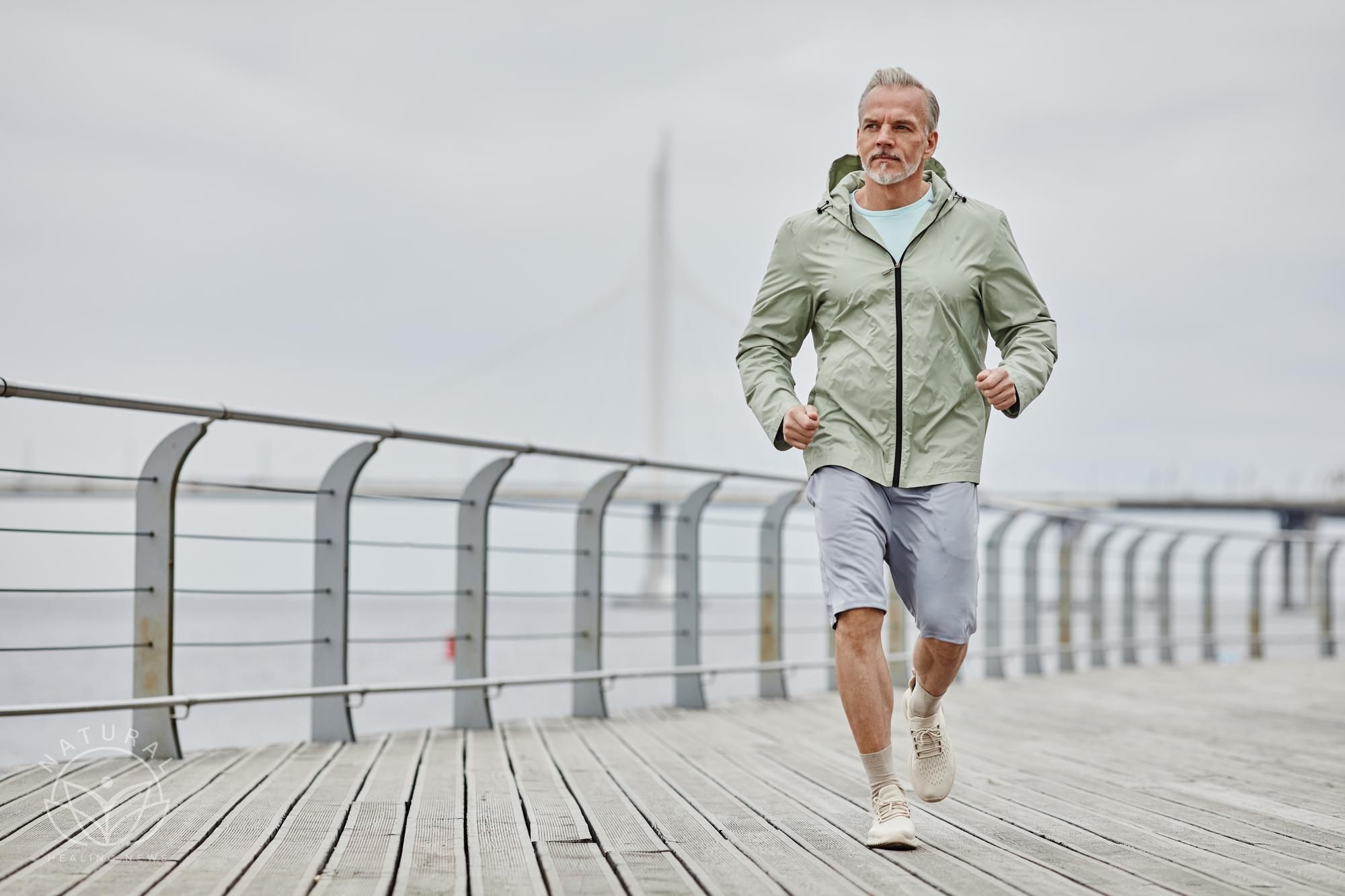 Photo minimal full length portrait of handsome mature man running towards camera outdoors by river copy sp
