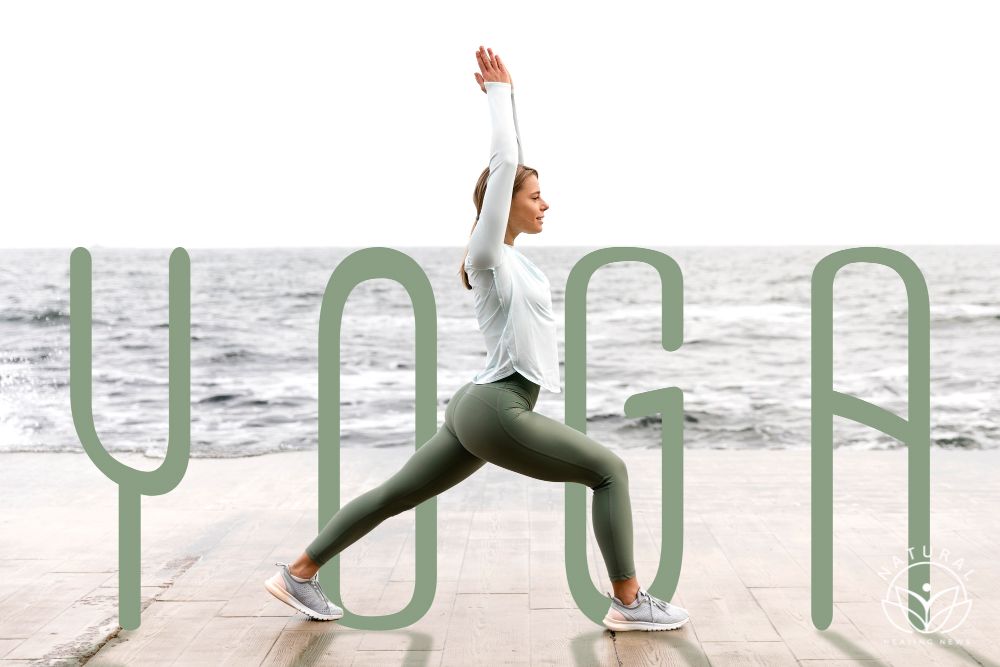 How To Get Started With Yoga, Side view woman doing yoga with wavy text